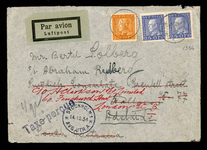 70 öres porto på luftpostbrev till Australien, vidaresänt till London. Stämplat ÅLSTEN 14.12.34.