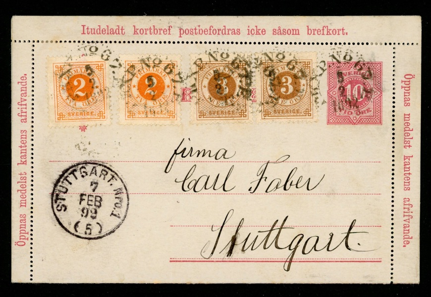 kB4, tilläggsfrankerat med totalt 8 öre, sänt till Tyskland. Stämplat PKXP No 67 5.2.1892
