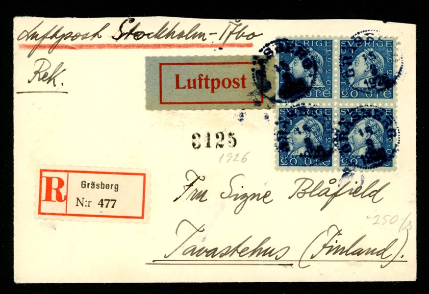 Intressant rekommenderat luftpostbrev med F152C i 4-block, ovanlig frankering, sänt till Finland och stämplat GRÄSBERG 15.8.1926