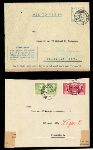 Lot två intressanta brev till internerad ryss i Sverige, skickade 1943.