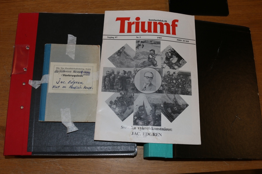JAC EDGREN. Omfattande samling med sju stycken av de första med vit kant, komplett nr 10-178 och 180-98, SAMT 200-210. Även fem olika skottårskort och en del andra kort (dubbletter?).