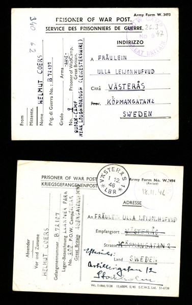 Krigsfångepost. Två engelska kort sända till Västerås 1946-47.