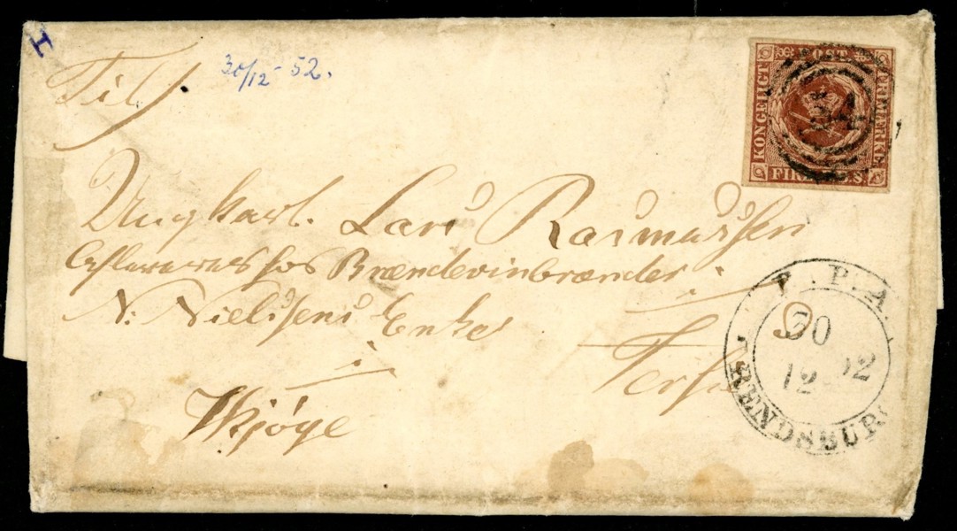 F2. 4 RBS på vackert brev daterat 30.12.1852. Häftet Danmark Skilling 1851-1871 medföljer.