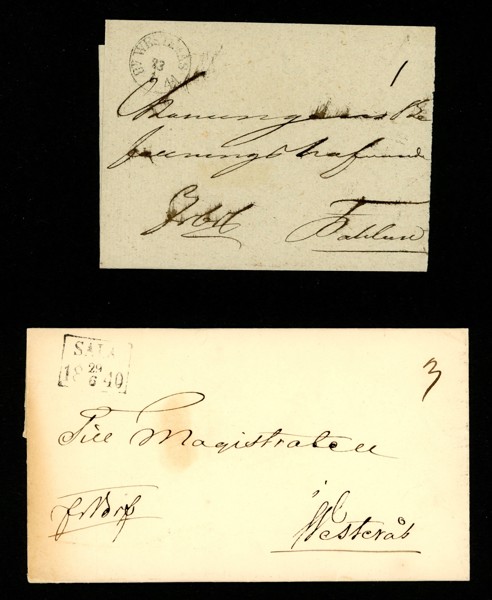 Förfilateli. Två brev stpl SALA 1840 resp WESTERÅS 1844.