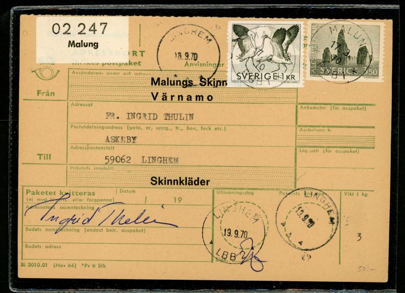 Adresskort med bättre stpl MALUNG POB 1 17.3.70