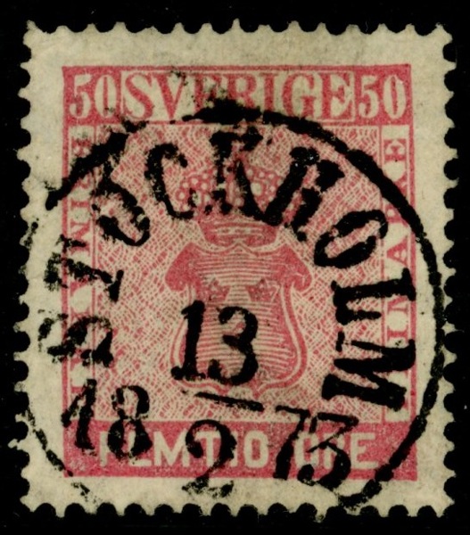 F12. STOCKHOLM 13.2.1873. Lätt veck i övre vänster hörn, men en ovanligt fin 50-öring.