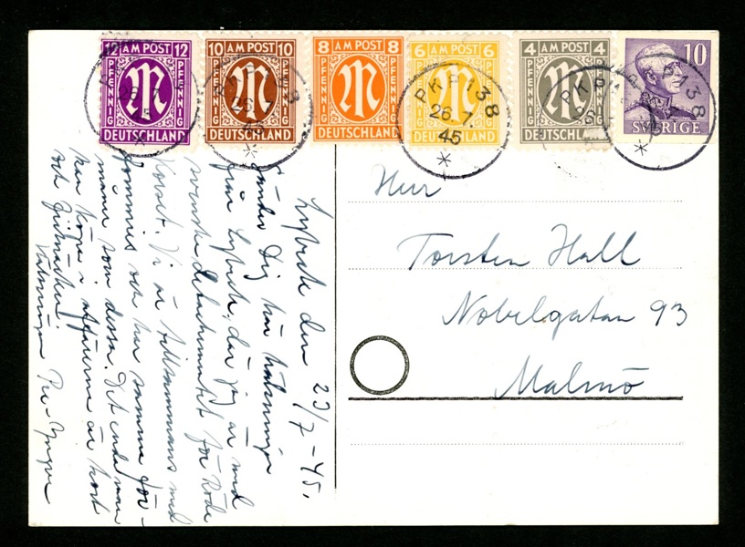 TYSKLAND. Vykort skickat från Lübeck till Sverige i juli -45. Frankerat med både tyska zonmärken och svenskt 10 öre (lösen?), enbart svenska stämplar PKP 138 26.7.45