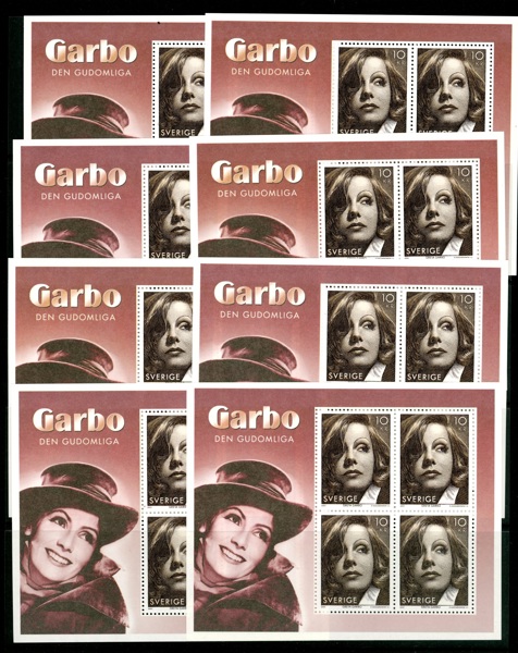 SS3. Åtta postfriska block Greta Garbo. Utan plastfickor.