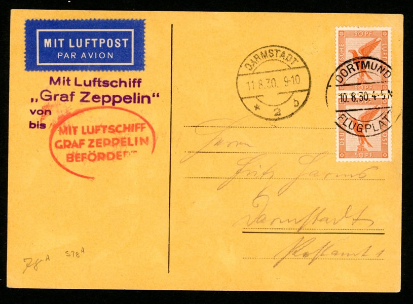 TYSKLAND/ZEPPELIN. Kort sänt från DORTMUND 10.8.30 med 2x 50pf frankering, med lyftskeppet "Graf Zeppelin". Sieger 78A.