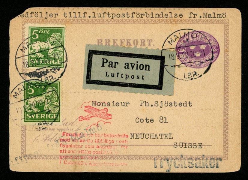 Brevkort 6 öre med tilläggsfrankering 5+5 öre (F143A och 143E), sänt med tillfällig luftpostförbindelse från Malmö mot kontinenten (slutmål Schweiz). Stämplat MALMÖ 1 18.2.29. Liten hörnförlust.