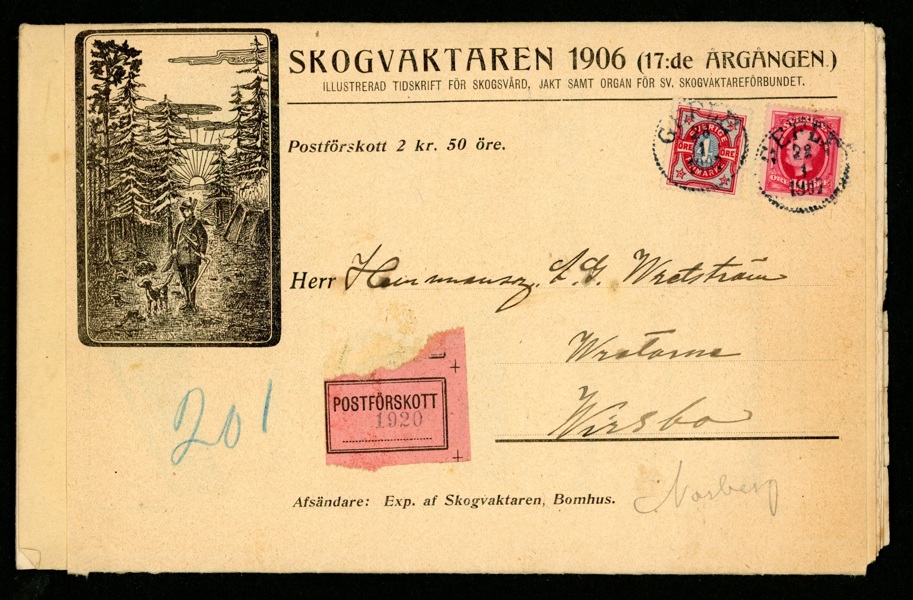 Vinjettbrev för tidskriften Skogvaktaren, med kpl bevarad tidskrift inuti, sänt som pfsk. Frankerat 4+10 öre stpl GEFLE 28.1.1907