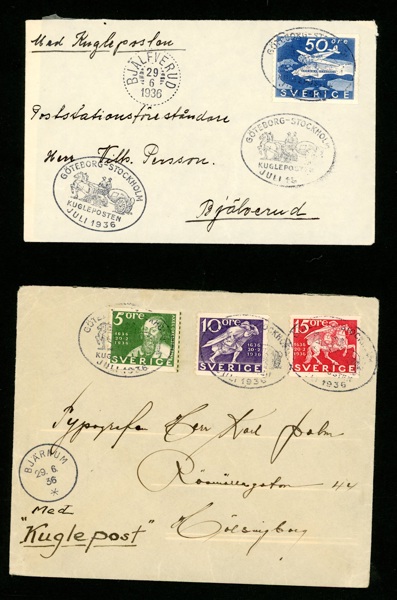Kugleposten. Två försändelser, båda stämplade 29.6.36 BJÄLFVERUD resp  BJÄRNUM. Enl bilder.