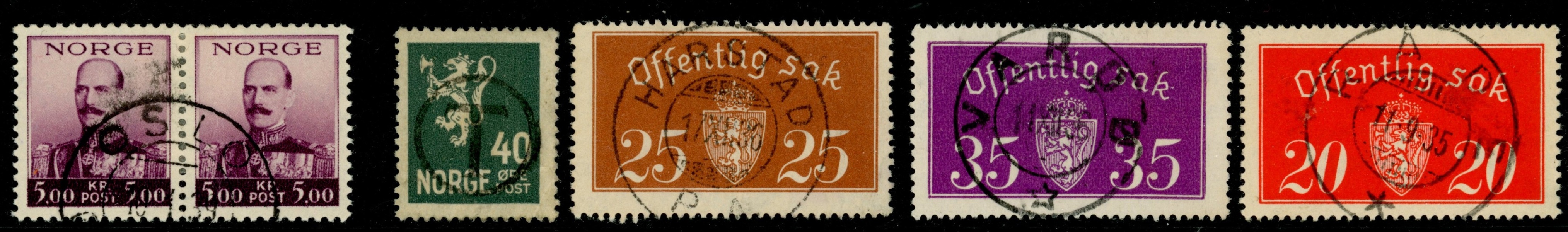 Lot med vackra stämplar och F240 5 kr Haakon i ovanligt, stämplat par.