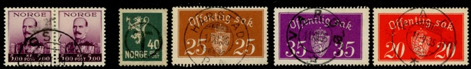 Lot med vackra stämplar och F240 5 kr Haakon i ovanligt, stämplat par.