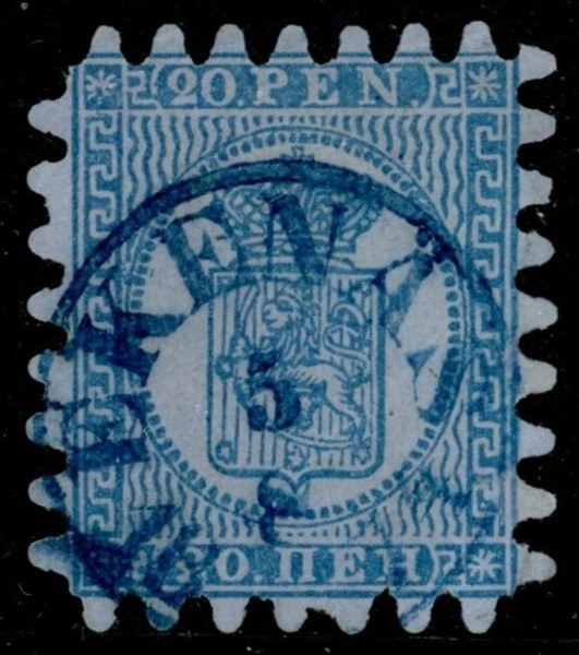 F8v1C2. Vackert stämplat ex med blå EKENÄS 5.8.1874. En vikt tand.