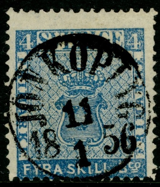 F2. JÖNKÖPING 11.1.1856. Lyxstämplat ex. Nedre höger hörntand ngt lös.