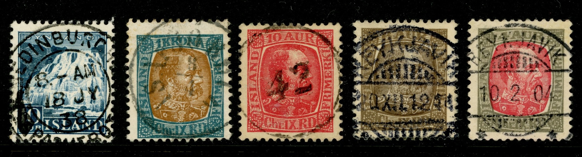 Lot fem frimärken med lyxstämplar, bl.a. nst 42 och ett ex stämplat EDINBURGH (Skottland).