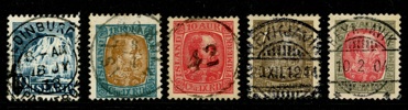 Lot fem frimärken med lyxstämplar, bl.a. nst 42 och ett ex stämplat EDINBURGH (Skottland).