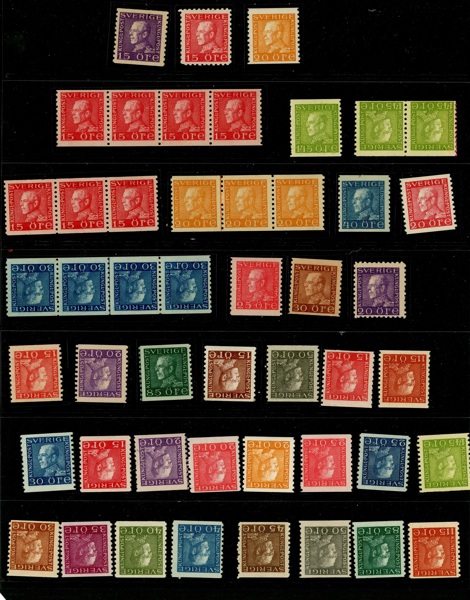 Parti postfriska (rättvända) och ostämplade (omvända) bandmärken inkl flera bättre valörer, flera på tonat papper et.c. Facit ca 6000 kr enbart för de postfriska.