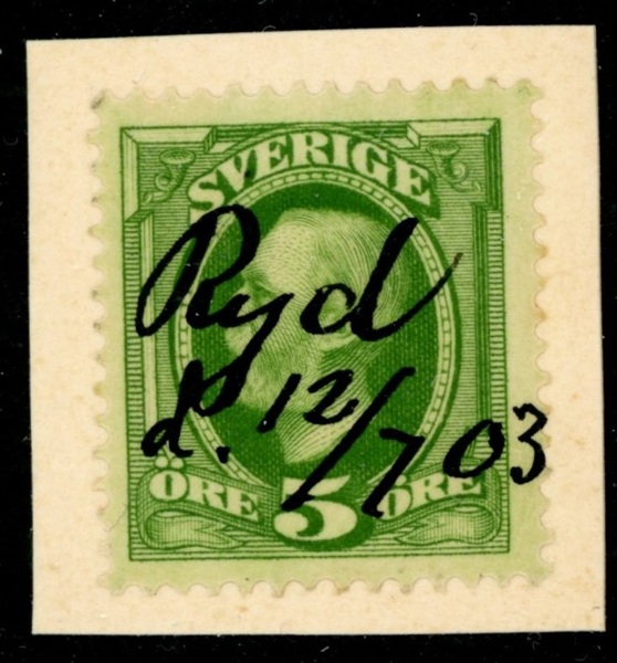 F52. Bläckmakulering "Ryd d. 12/7 03" på vackert klipp. Ovanligt.