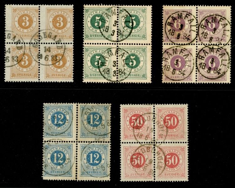 Lot 5 stämplade 4-block tandning 13 utan posthorn. Ovanligt utbud. F 8800 kr