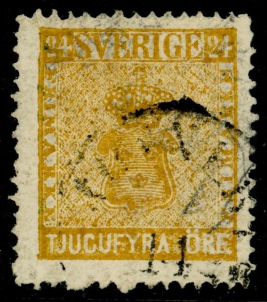 F10b2. Typiskt exemplar av den svåra nyansen olivaktigt brungul. Inte så vacker stämpel men bra teknisk kvalitet. F 2000 kr