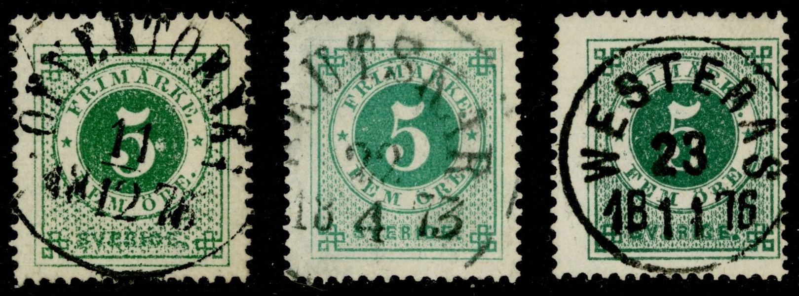 F19. Lot tre vackra ex i olika nyanser, alla med praktstämplar.