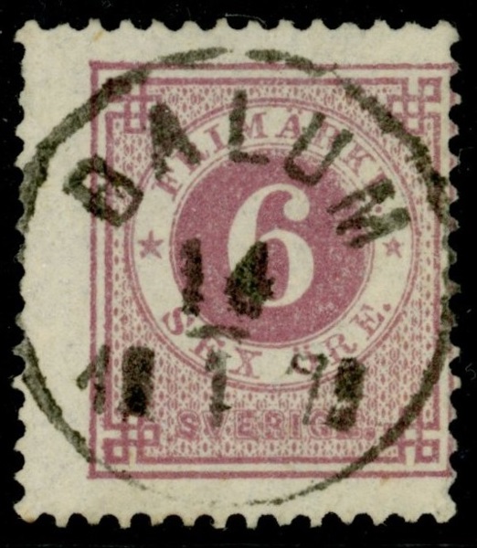 F31. DALUM 14.1.1879. Lyxstämplat, sned centrering/kt.