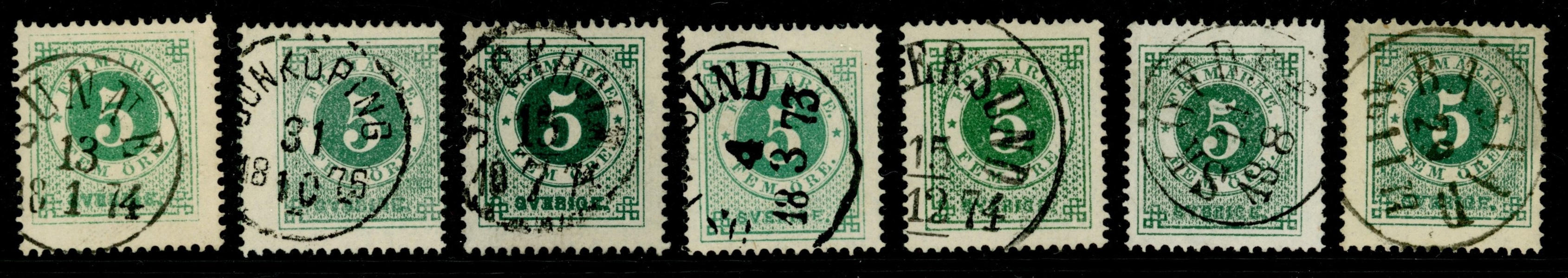 F19. Lot med sju märken, flera olika nyanser.