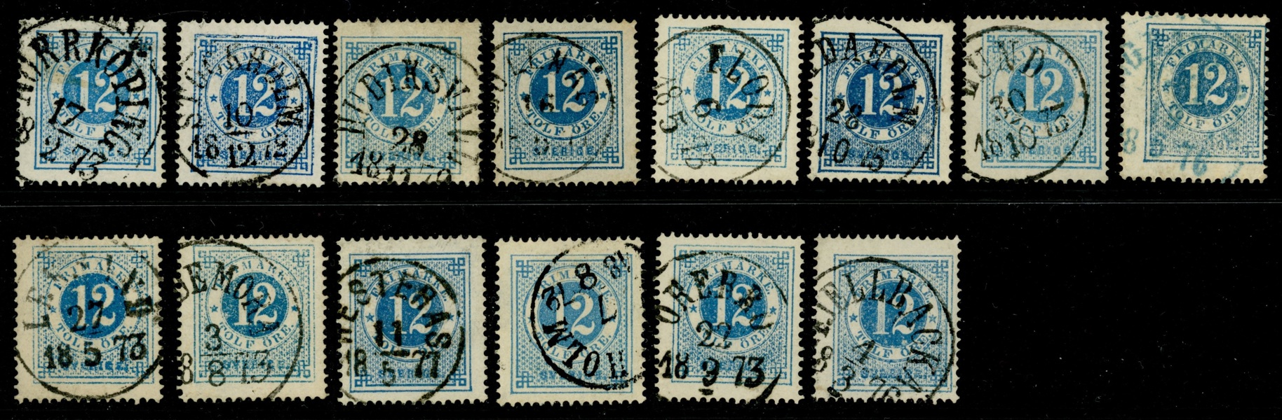 F21. Lot med 14 frimärken, stor spridning på nyanser och stämplar.