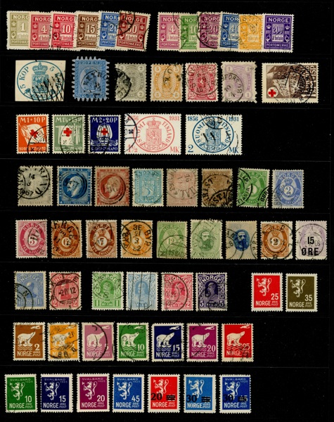 Norge + Finland. Lot bättre märken mest stämplat. Finland F1 är defekt och troligen falsk. Blandad kvalitet men även många bra ex, t.ex. ostämplad Norge F142. 