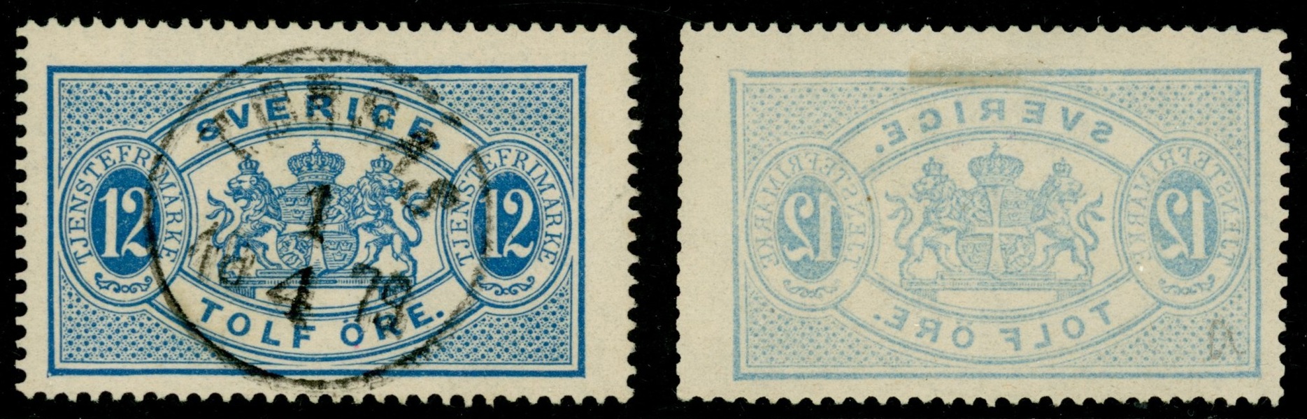 Tj5. Mycket intressant lot två märken, båda prakt-lyxstämplade TORSÅS 1.4.1879 och båda med kraftigt spegeltryck! 