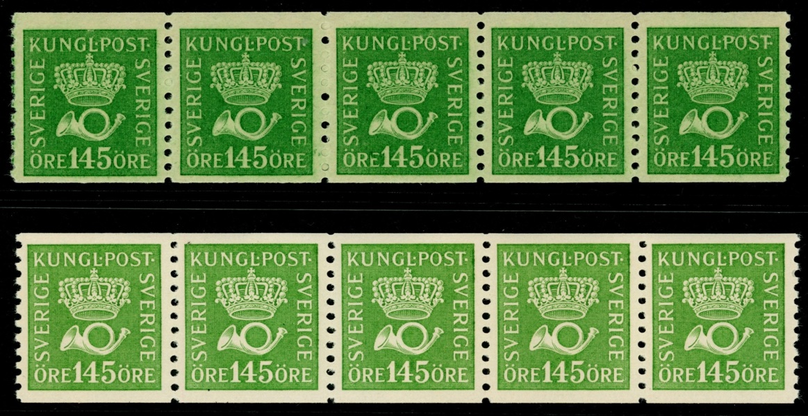 F174 a1-ppr resp a3-ppr. Två välcentrerade postfriska 5-strip. F 2400 kr