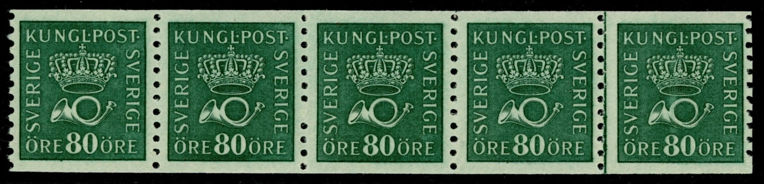 F165 (a1-ppr) SI. Postfriskt 5-strip med plåtspricka. F +300