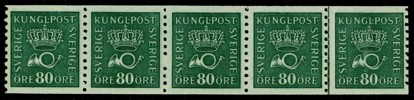 F165 (a1-ppr) SI. Postfriskt 5-strip med plåtspricka. F +300