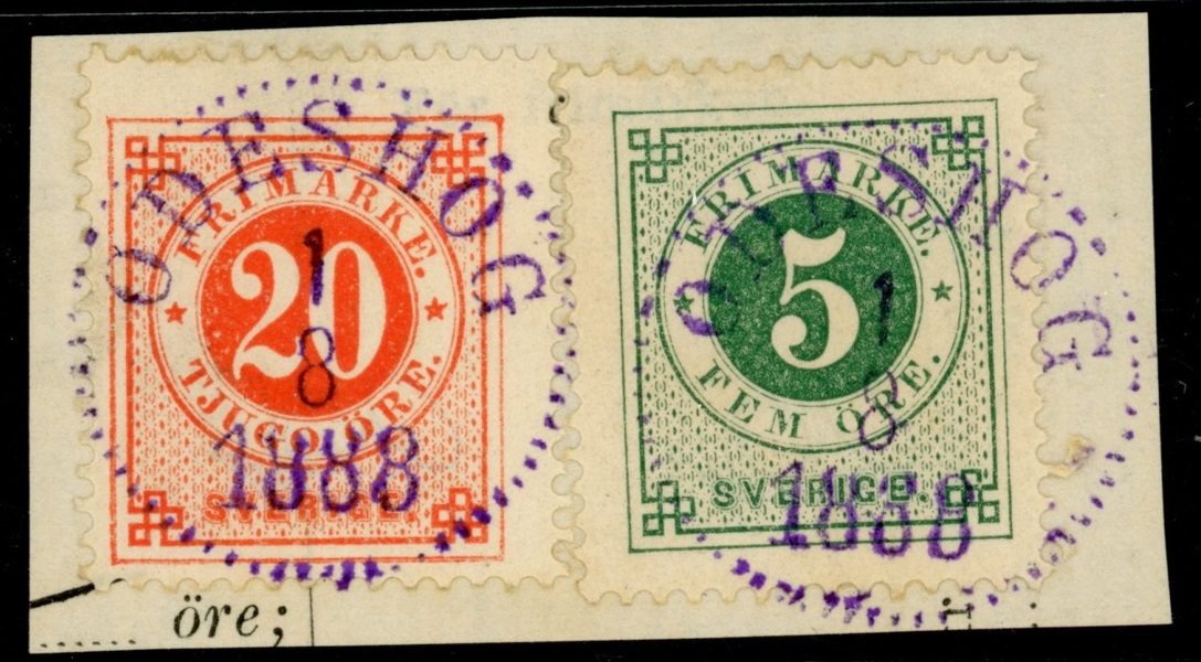F43+46. Violett stämpel ÖDESHÖG 1.8.1888