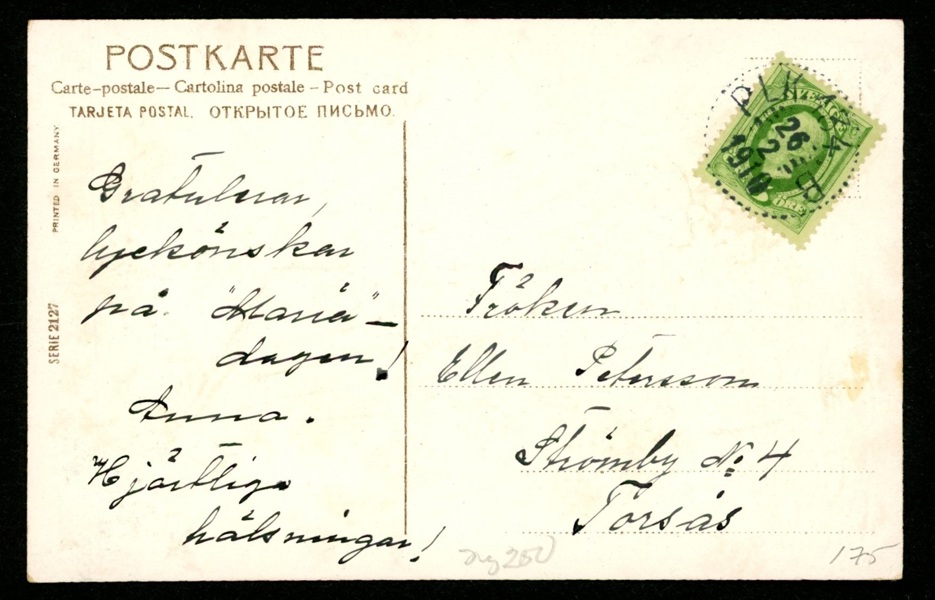 Ovanlig stämpel på vykort: PLK 134 B 26.2.1910. Postal 150 kr