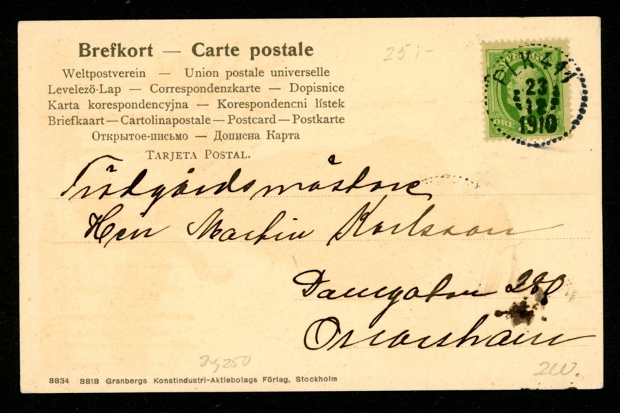 Ovanlig stämpel på vykort: PLK 411 23.12.1910. Postal 250 kr