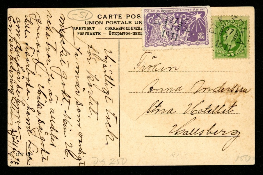 Ovanlig stämpel på vykort: PLK 374 A 27.1.11. Postal 250 kr