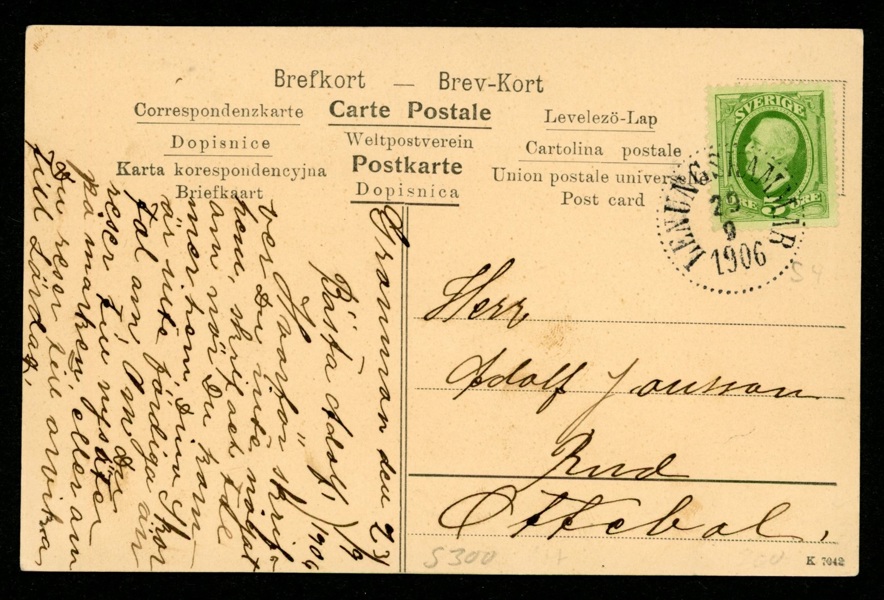 Ovanlig stämpel på vykort: LENUNGSHAMMAR 29.9.1906. Postal 300 kr ktt