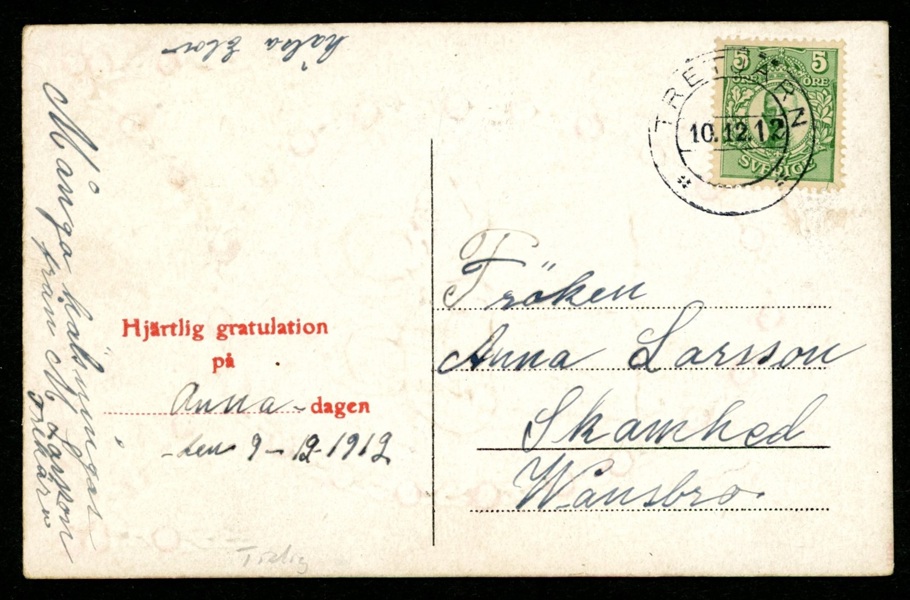 Ovanlig stämpel på vykort: TRETJÄRN 10.12.12. Tidigare än postal anger!