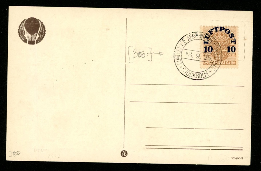 Ovanlig stämpel på vykort: CONFERENCE AERIENNE INTERNATIONAL STOCKHOLM 8.9.25 på F136. Postal 350 kr