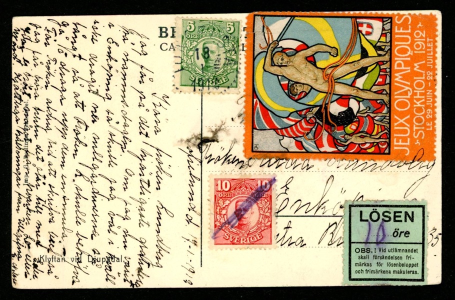 Lösenbelagt vykort med OS-brevmärke 1912.