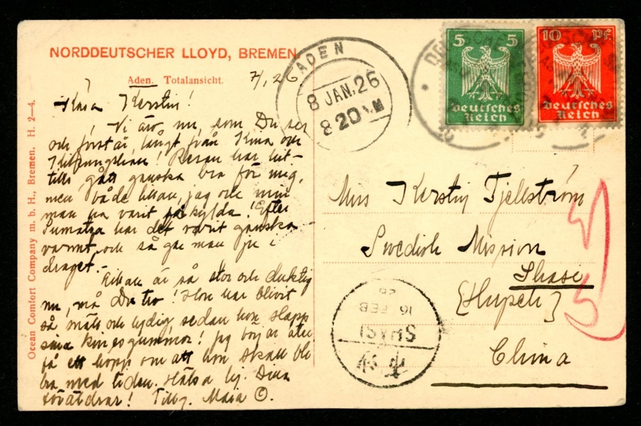 Vykort från ADEN (Jemen) till svenska missionen i Shasi, Kina, sänt med tysk skeppspost 1926. Intressant multinationell försändelse.