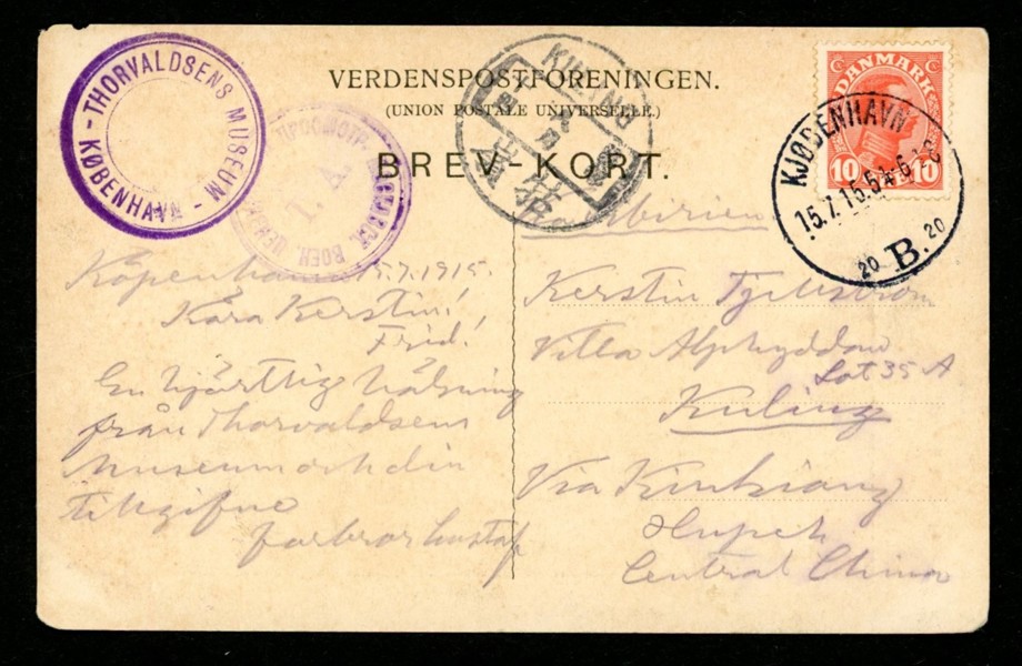 Vykort från Köpenhamn till svensk missionär i Kuling, Kina 1915.