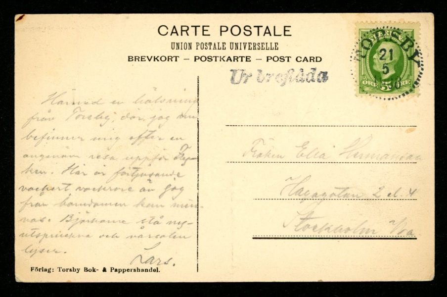 TORSBY 21.5.1908 i lyx på vykort med stpl "Ur breflåda"
