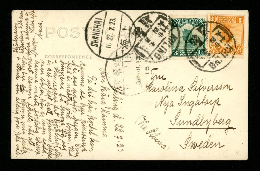 KINA. Vykort från svensk missionär i Kuling, Kina, sänt till Sundbyberg 1923.