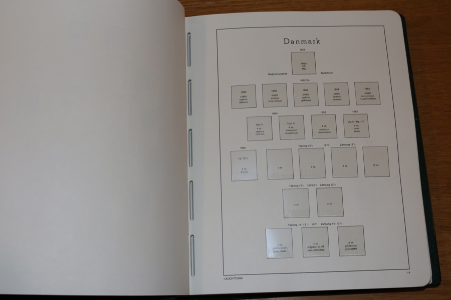 Danmark + DVI. Fräscht Leuchtturmalbum med fickor 1851-1985. Nära tomt före 1930, men från 1940 och framåt nära komplett xx. Ett tiotal märken från Danska västindien ingår (på kpl bladsats i albumet).