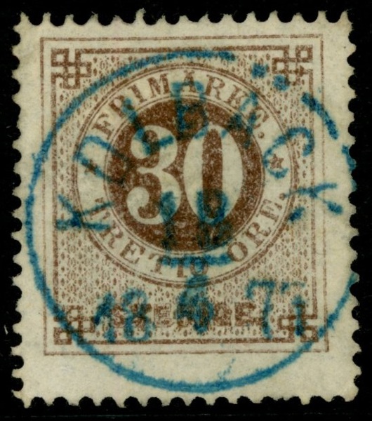 F25. Blågrön stpl KOLBÄCK 18.4.1877. Lyxstämpel, ktt