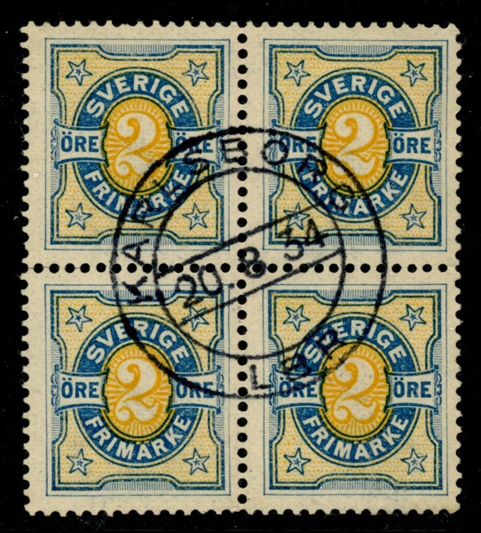 F62a. Vackert 4-block med sen stämpel KARLSBORG 20.8.34